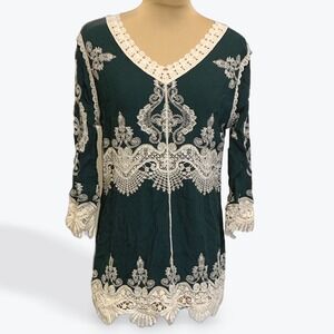 EST 1946 Lace Trimmed Embroidered Tunic Top Green Size S